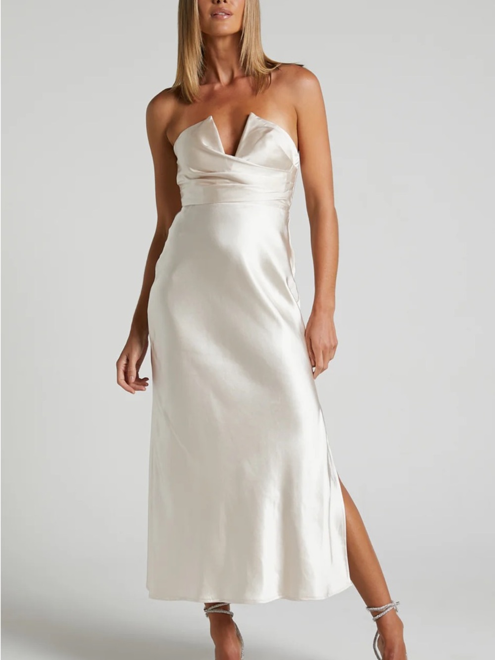 Showpo Strapless Satin Midi Dress in Ivory